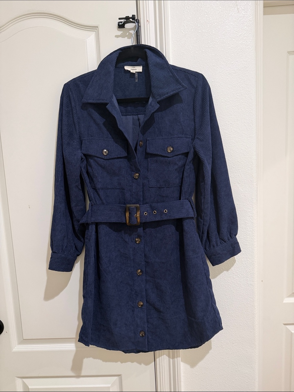Entro navy corduroy button down dress with belt size small